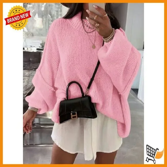 Oversized Mock Neck Batwing Sweater Ribbed Knit Tunic Pullover - Picture 4 of 8